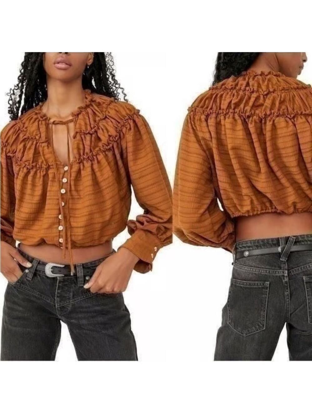 Free People Hailey Cropped Boho Ruffle Festival Blouse Top Large
